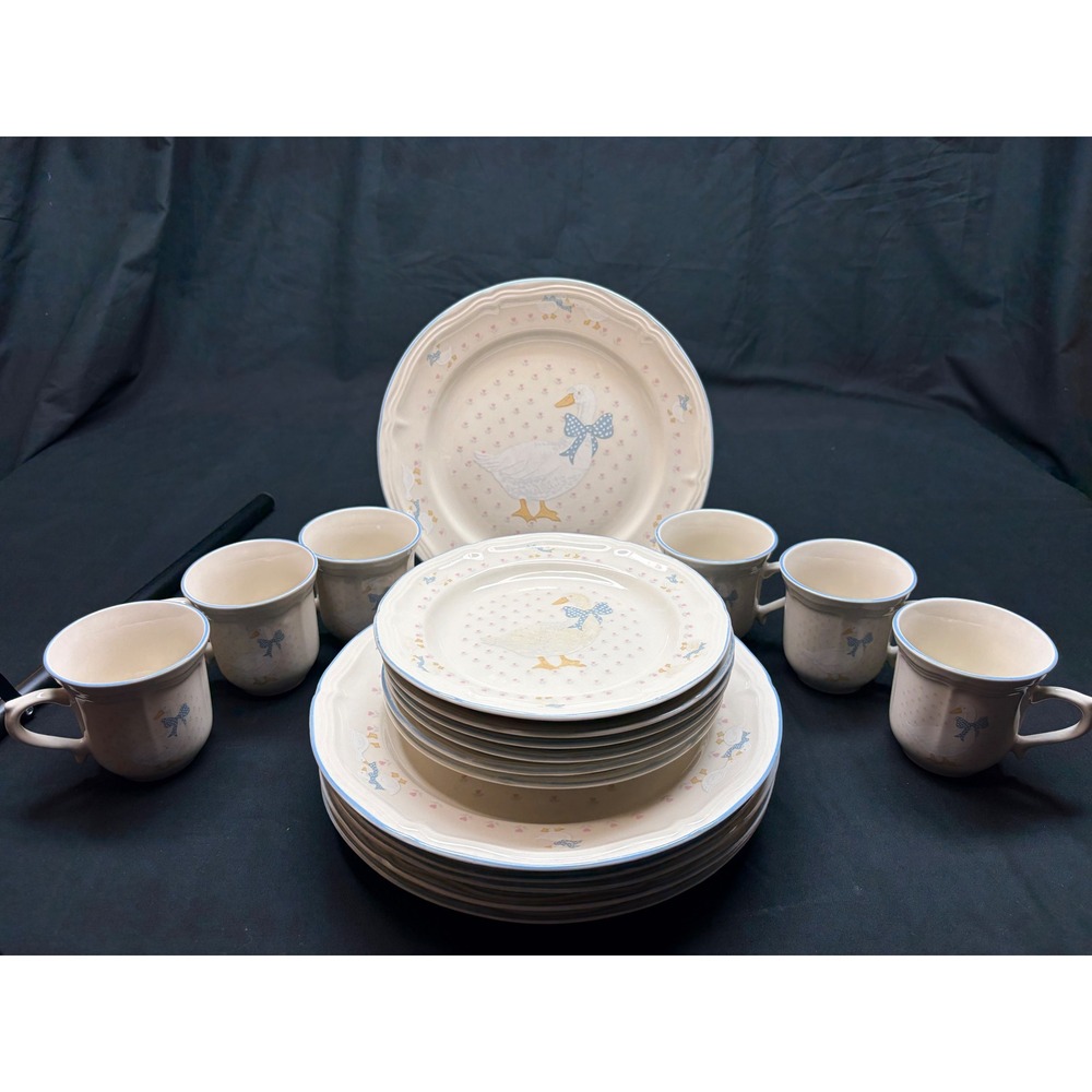 Tienshan Stoneware Country Goose Blue Bow Heart Vintage Dinnerware Cottagecore - Picture 9 of 16